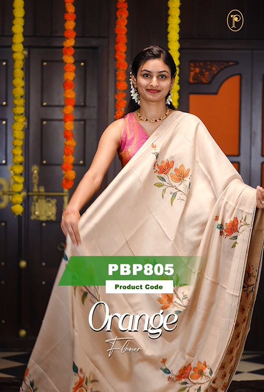 Cream colour soft tissue saree featuring Orange Flower print on body with gold zari outline, kantha stitched detailing border, same print & tassels on pallu, Small floral Print running blouse piece.