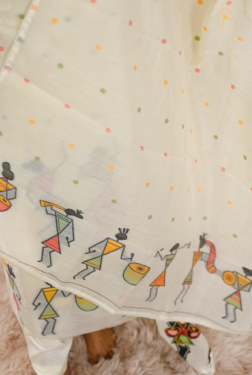 Cream colour Chanderi Salwar featuring Multicolour Jamdani warli print, Matching dupatta with matching buttas with neat piping detailing.
