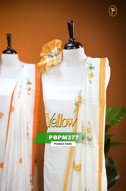 Cream colour Vijithra Silk Material Featuring Yellow Lotus Print On body, comes with same colour Dupatta Enhance Beautiful Floral print with small Yellow border.