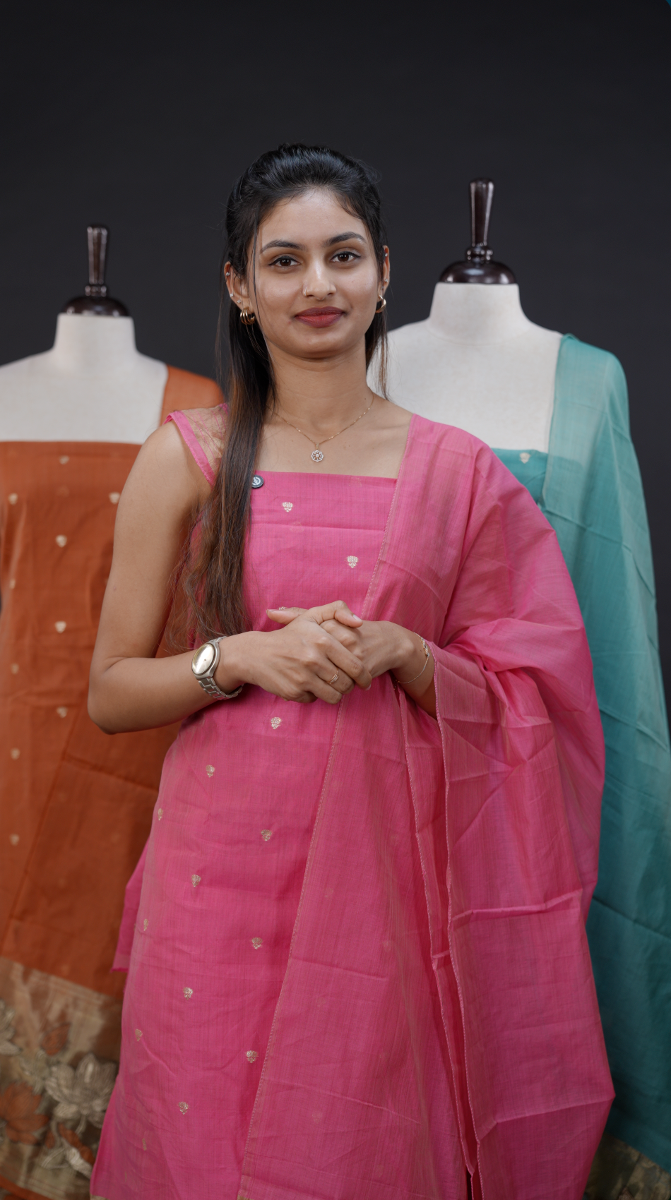 Pink Semi chanderi salwar material featuring Gold small Buttas on body, Daman borderi with lotus Design, same pattern dupatta, santoon bottom.
