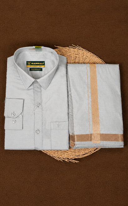 RAMRAJ  Silver Grey Colour shirt paired with a matching dhoti , all elegantly finished with a gold border.
