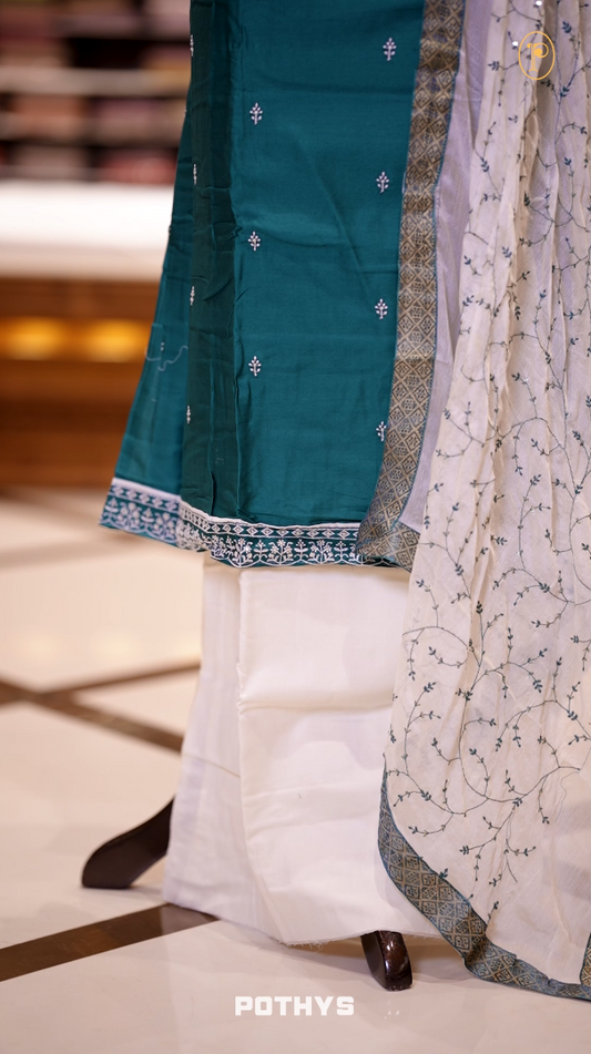 Blue colour semi silk salwar set highlighted with intricate white chikankari embroidery on the neckline and body, paired with matching bottom and contrasting ivory dupatta.