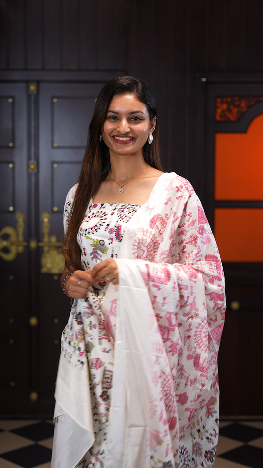 RaniPink colour Semi silk salwar material featuring Warli print on body, paired with same material with same print dupatta and santoon material bottom.