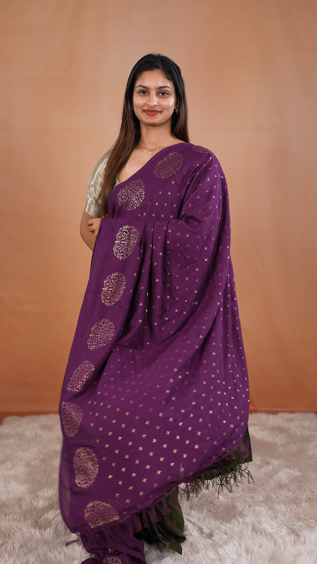 Purple colour vijithra silk saree featuring small zari details on body, Tree design border.