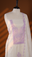 Ivory Colour Mul Chanderi Salwar material featuring Lavender Embroidery & Delicate Bead Work on body, paired with Santon bottom & Embroidery Worked Dupatta With Scallop border.