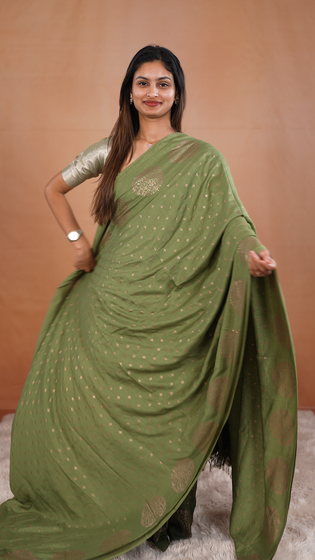 Light Green colour vijithra silk saree featuring small zari details on body, Tree design border.