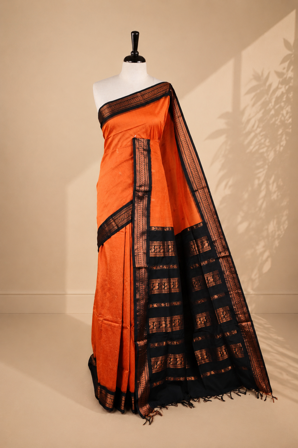 Orange colour kalyani cotton saree featuring antique zari motifs on body, complemented by Black colour with Antique zari border, paired with matching blouse piece.