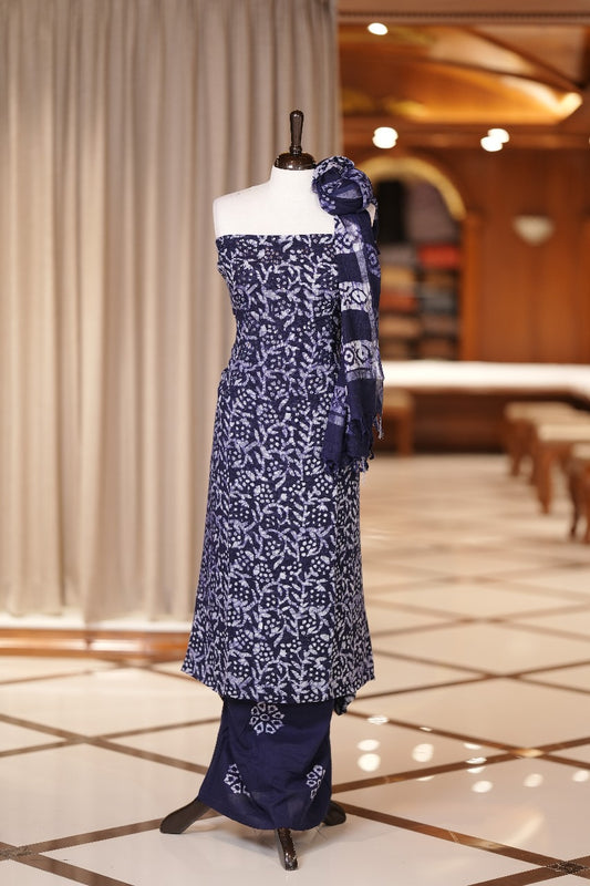 Navy Blue colour semi linen fabric featuring batik prints enhanced with thread and sequin work, paired with a side printed dupatta and a block printed bottom