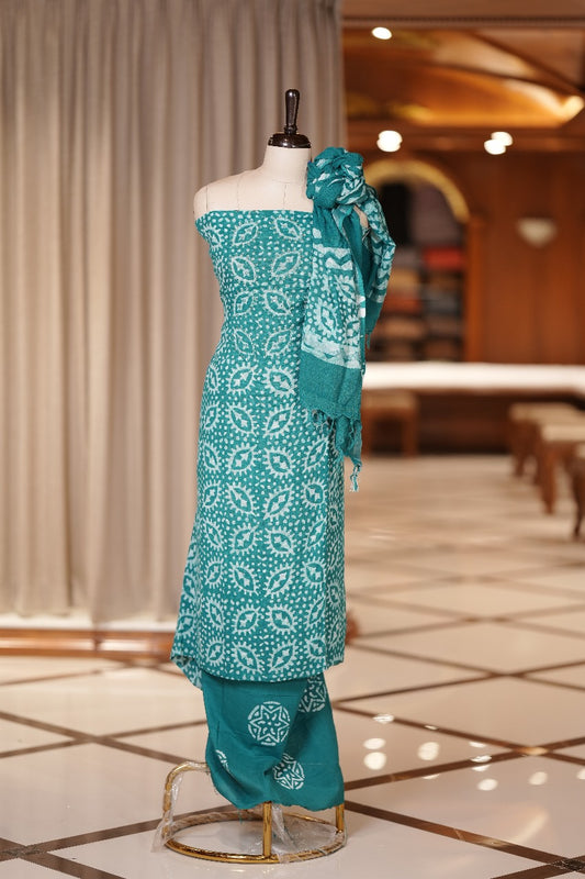 Sapphire Blue colour semi linen fabric featuring batik prints enhanced with thread and sequin work, paired with a side printed dupatta and a block printed bottom