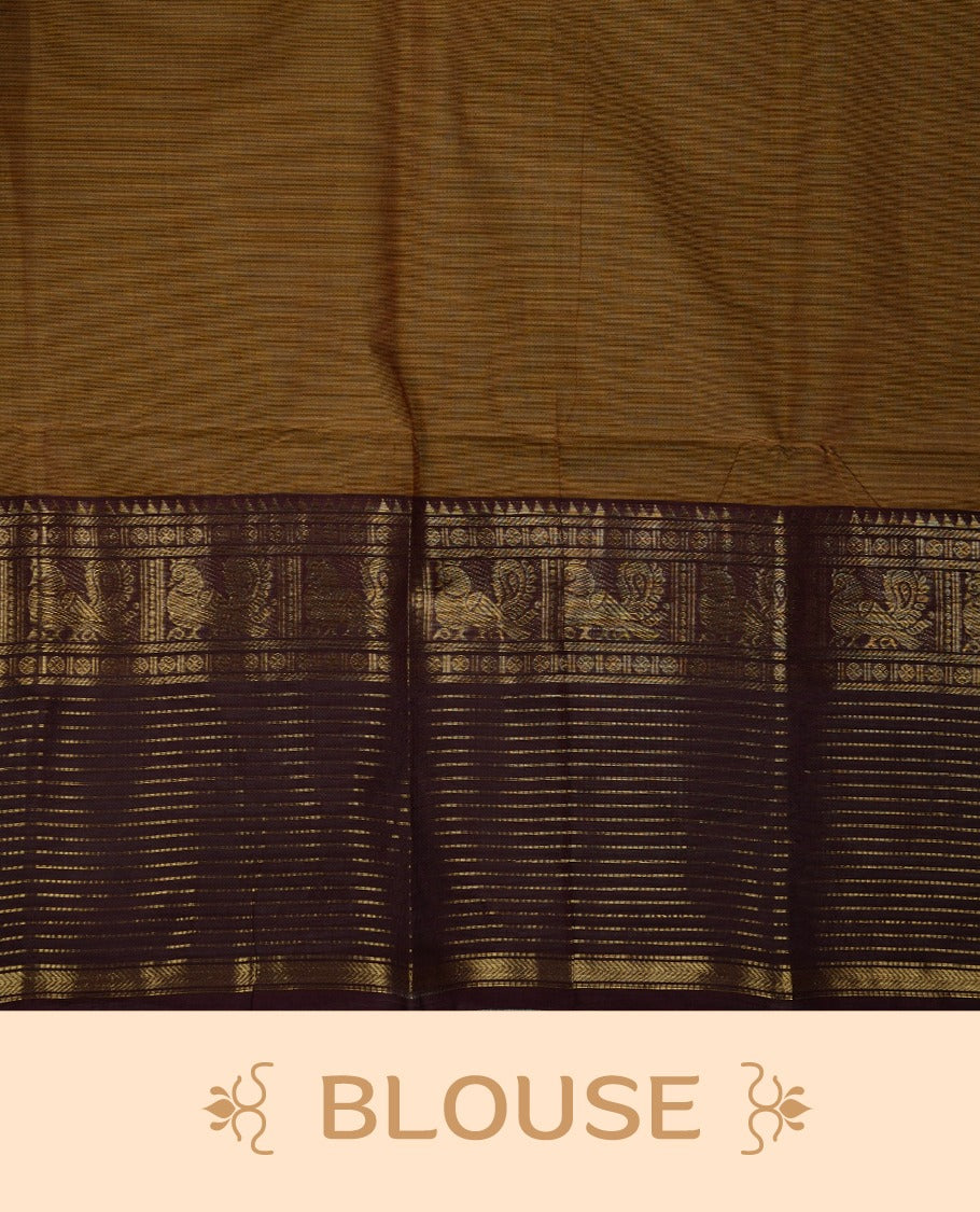 Mustard colour Chettinad cotton saree with a plain body, featuring a traditional border and pallu in contrast maroon colour, paired with a matching blouse piece.