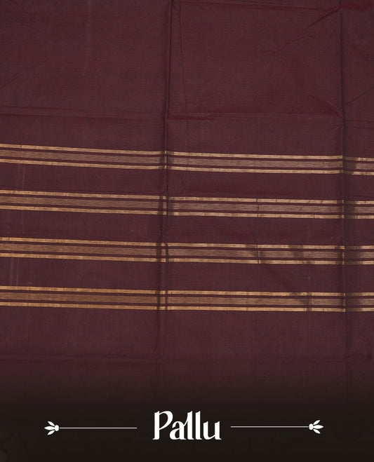 Dark chocolate colour Chettinad cotton saree with a plain body, featuring a traditional border and pallu with gold zari detailing, paired with a matching blouse piece.