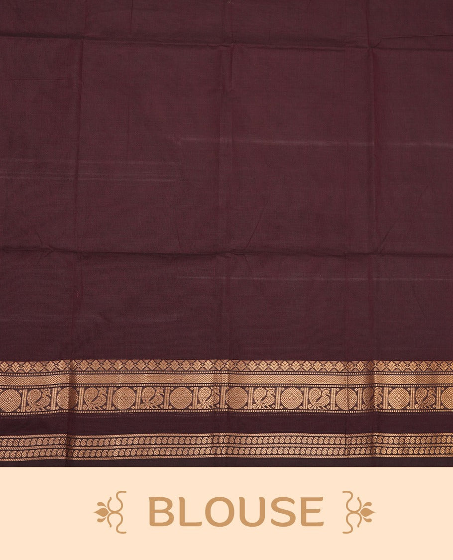 Dark chocolate colour Chettinad cotton saree with a plain body, featuring a traditional border and pallu with gold zari detailing, paired with a matching blouse piece.