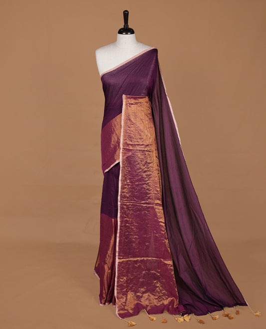 Wine mul cotton saree with an elegant half and half design, blending plain fabric with a contrasting tissue finish, without blouse piece.