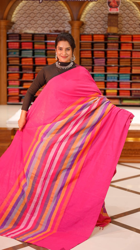 Pink Colour Mul Cotton Saree featuring Multi colour Line pattern on body, enhanced with Multi colour Pallu.