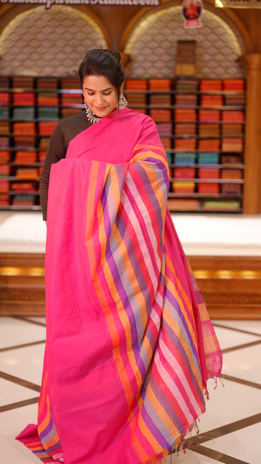 Pink Colour Mul Cotton Saree featuring Multi colour Line pattern on body, enhanced with Multi colour Pallu.
