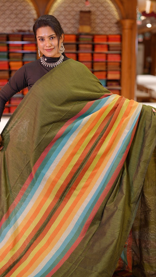 Olive Colour Mul Cotton Saree featuring Multi colour Line pattern on body, enhanced with Multi colour Pallu,