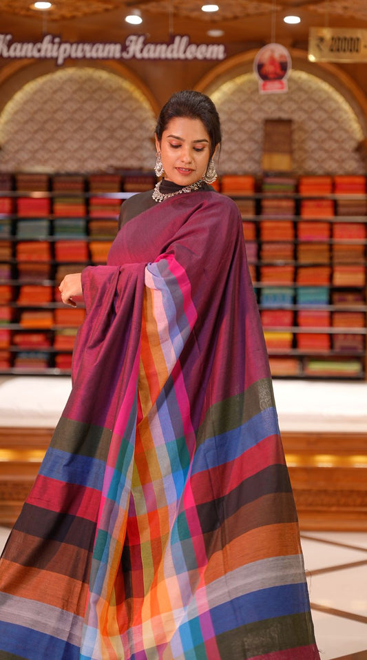 Grape Colour Mul Cotton Saree featuring Multi colour Line pattern on body, enhanced with Multi colour Pallu.