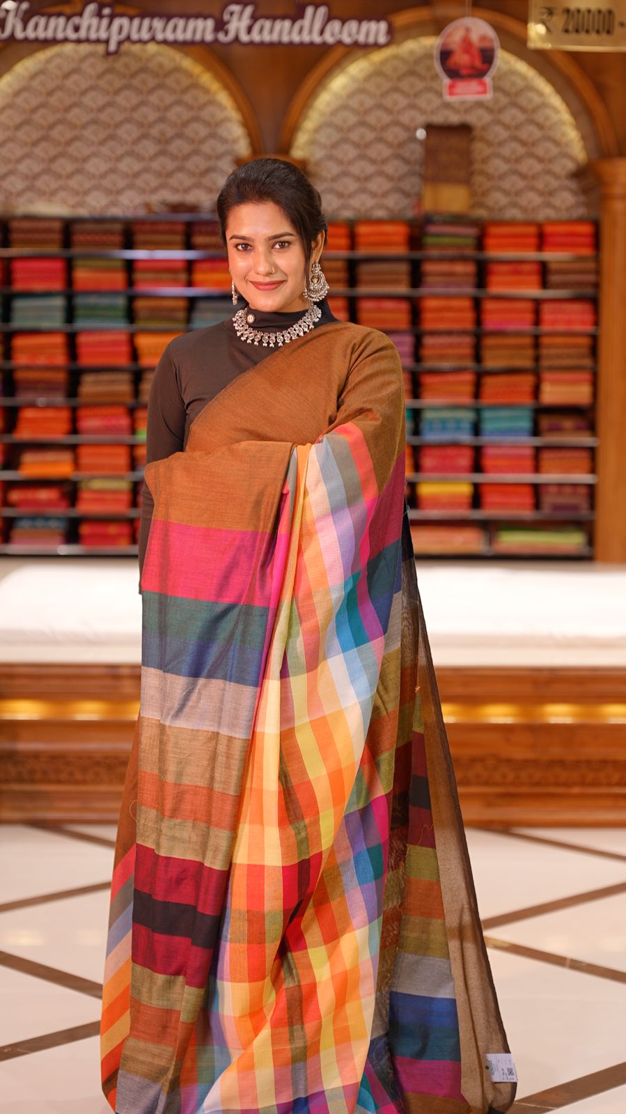 Light Brown Colour Mul Cotton Saree featuring Multi colour Line pattern on body, enhanced with Multi colour Pallu.