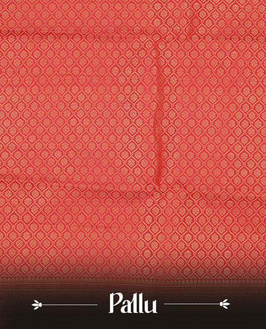 Cream colour Traditional Kancheepuram silk saree featuring gold zari motifs on body, enhanced with contrast Orange with traditional border, paired with matching blouse piece.