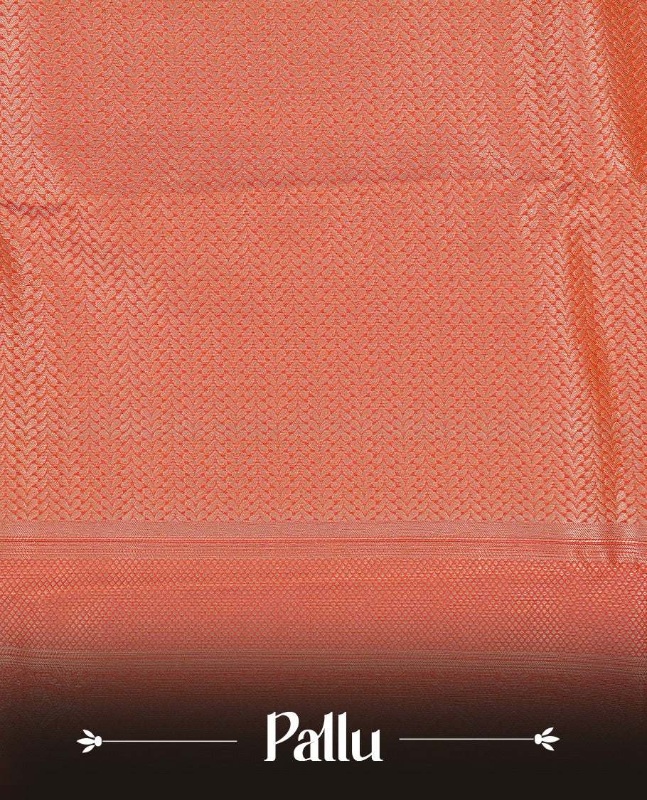 Cream colour Traditional Kancheepuram silk saree featuring gold zari motifs on body, enhanced with contrast Orange with traditional border, paired with matching blouse piece.