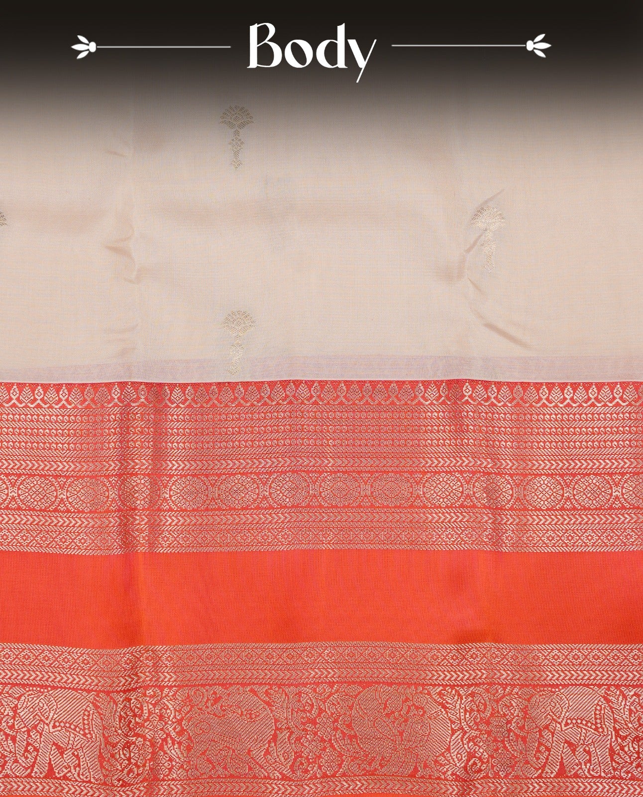 Cream colour Traditional Kancheepuram silk saree featuring gold zari motifs on body, enhanced with contrast Orange with traditional border, paired with matching blouse piece.