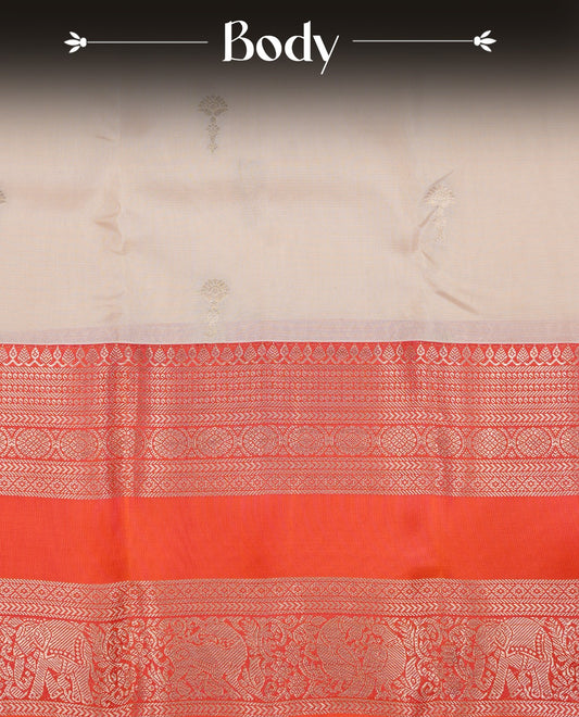 Cream colour Traditional Kancheepuram silk saree featuring gold zari motifs on body, enhanced with contrast Orange with traditional border, paired with matching blouse piece.