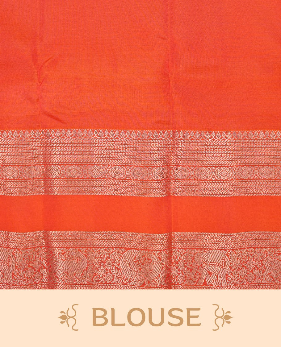 Cream colour Traditional Kancheepuram silk saree featuring gold zari motifs on body, enhanced with contrast Orange with traditional border, paired with matching blouse piece.