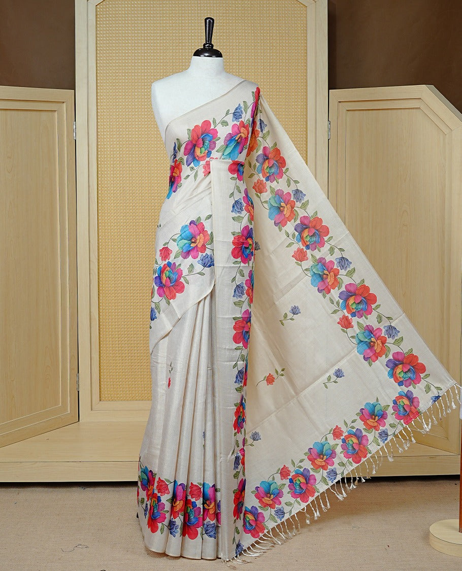 Light Gold colour semi tissue silk saree featuring Digital Floral print motifs on body and border, paired with matching blouse piece.