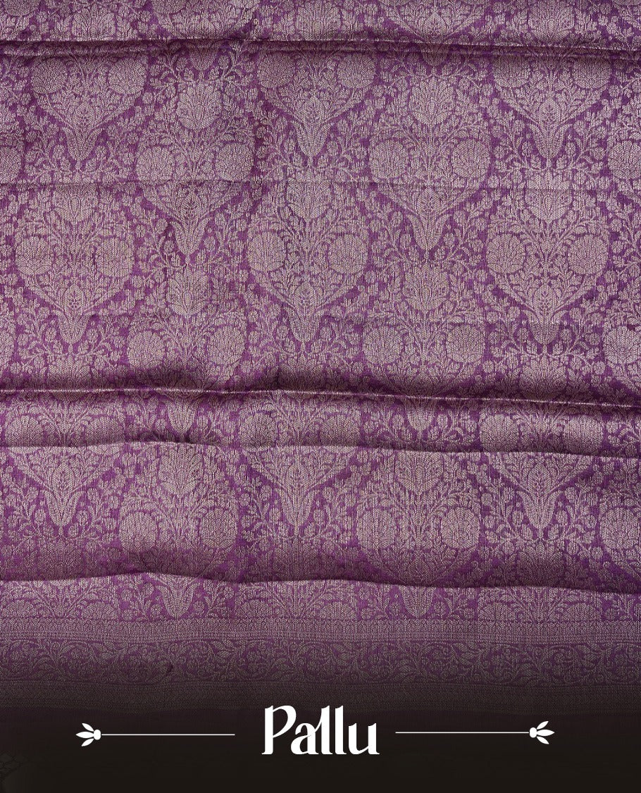 Purple colour Pure tusser silk saree featuring  Light Gold Zari floral Kodi Work On Body , A Plain  border & Grand  pallu ,Paired With  a matching blouse piece.