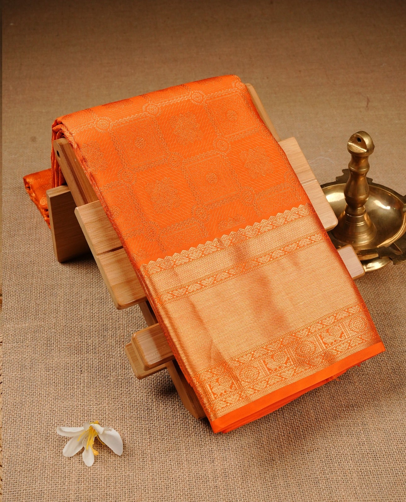 Orange  Colour Pure Kancheepuram Silk Saree Featuring Gold Zari  Check With Motifs  Pattern on the Body, Highlighting a Traditional Gold Zari Border, Paired with a Matching Blouse Piece.