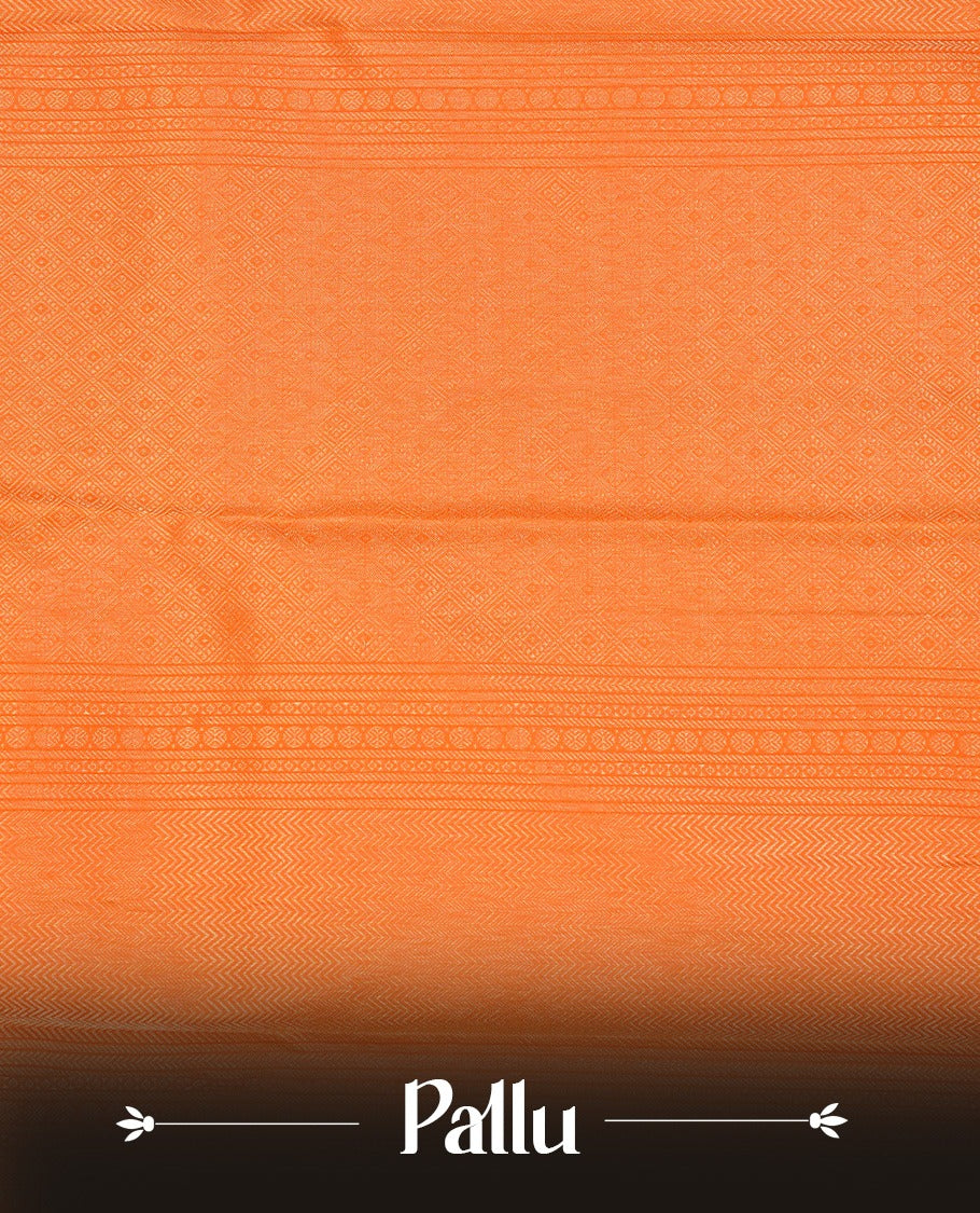 Orange  Colour Pure Kancheepuram Silk Saree Featuring Gold Zari  Check With Motifs  Pattern on the Body, Highlighting a Traditional Gold Zari Border, Paired with a Matching Blouse Piece.