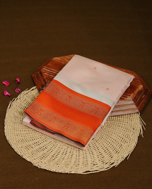 Off White  Colour Semi Silk Saree Featuring  Orange thread buttas On Body, Highlighted  by contrast border with Mango motifs, paired with matching blouse piece.
