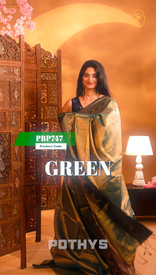 Green Colour Semi-Tissue Saree with a plain body and intricate thread work border.