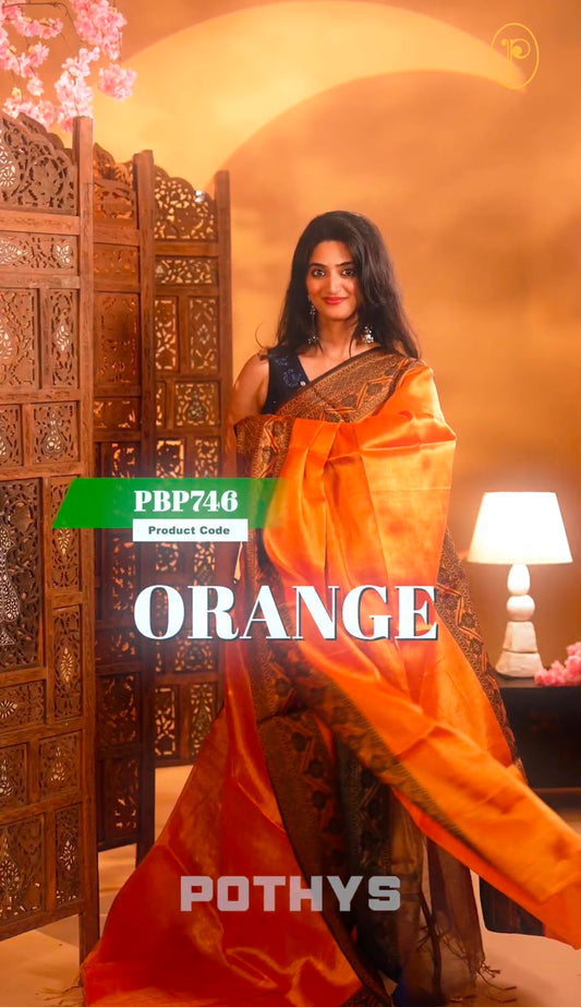 Orange  Colour Semi-Tissue Saree with a plain body and intricate thread work border.