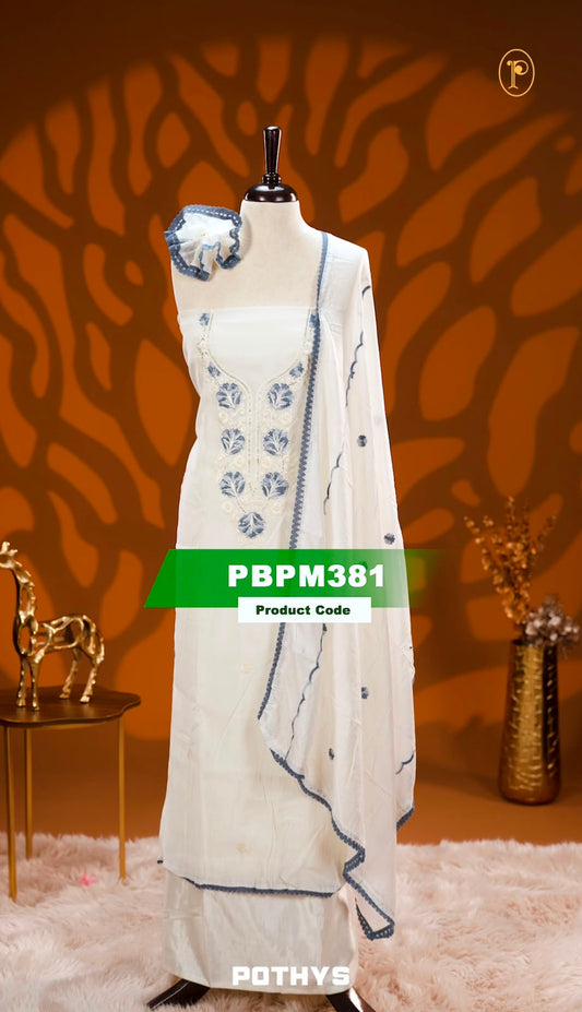 White colour Mul chanderi Salwar material featuring Beautiful embroidery work on neck portion & small Buttas on body, Same material dupatta with buttas & Lace work.