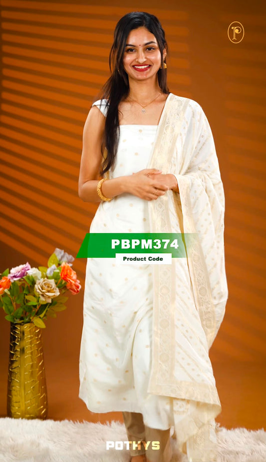 Cream colour Banarasi salwar material featuring Small Buttas Details on body, Same material Dupatta with Strips.