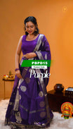 Purple colour Chanderi Silk semi stitched Dhavani Set featuring beautiful Buttas on skirt With Kathakali Design border, same material dupatta with Same design & blouse.