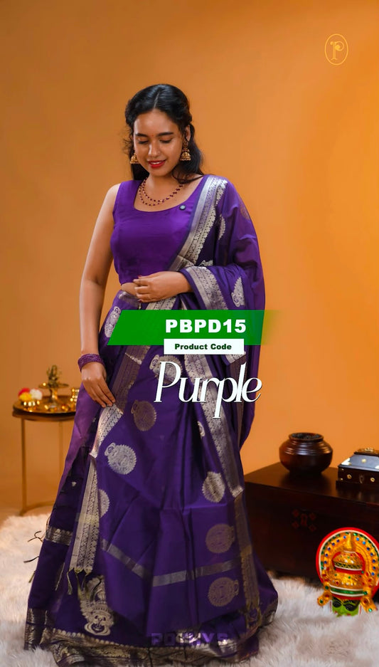 Purple colour Chanderi Silk semi stitched Dhavani Set featuring beautiful Buttas on skirt With Kathakali Design border, same material dupatta with Same design & blouse.