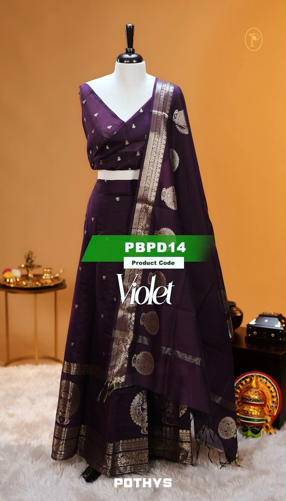 Violet colour Chanderi Silk semi stitched Dhavani Set featuring beautiful Buttas on skirt With Kathakali Design border, same material dupatta with Same design & blouse.