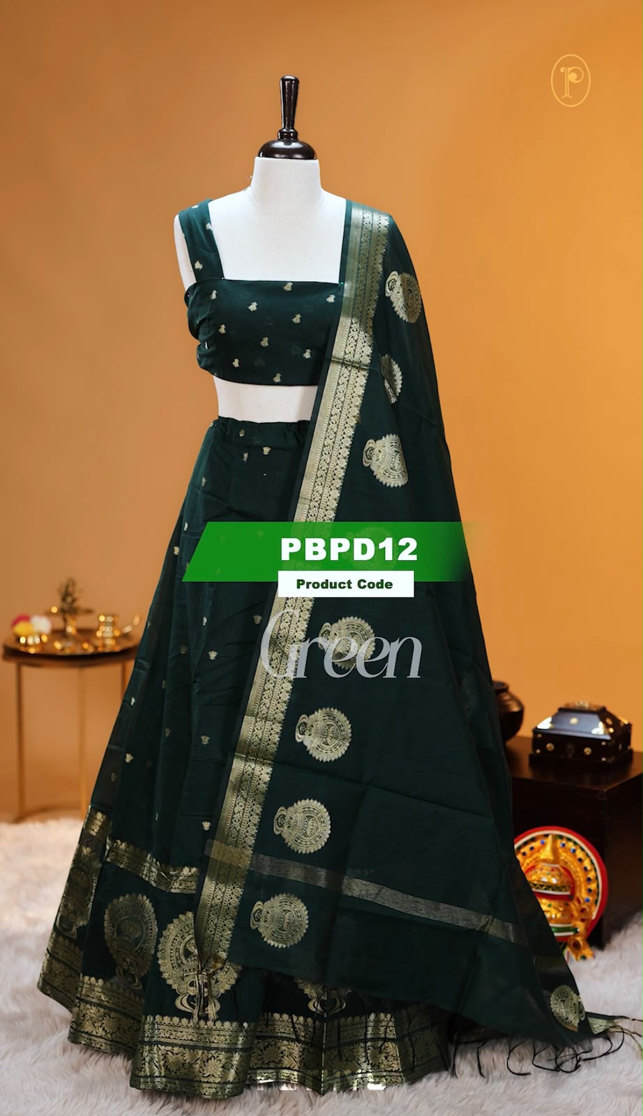 Green colour Chanderi Silk semi stitched Dhavani Set featuring beautiful Buttas on skirt With Kathakali Design border, same material dupatta with Same design & blouse.