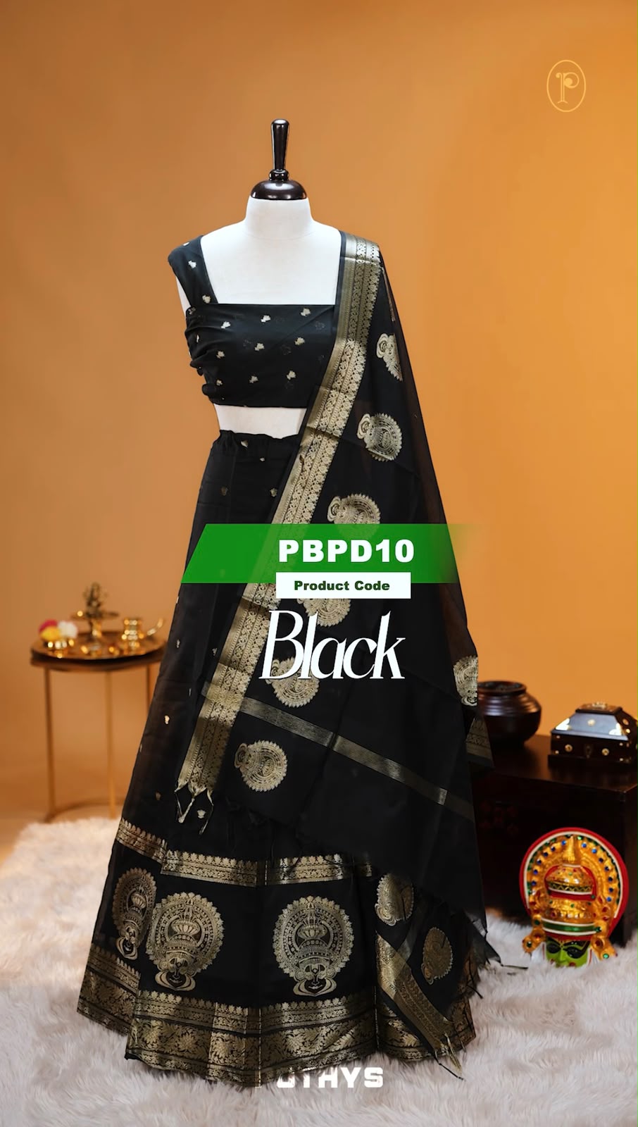 Black colour Chanderi Silk semi stitched Dhavani Set featuring beautiful Buttas on skirt With Kathakali Design border, same material dupatta with Same design & blouse.