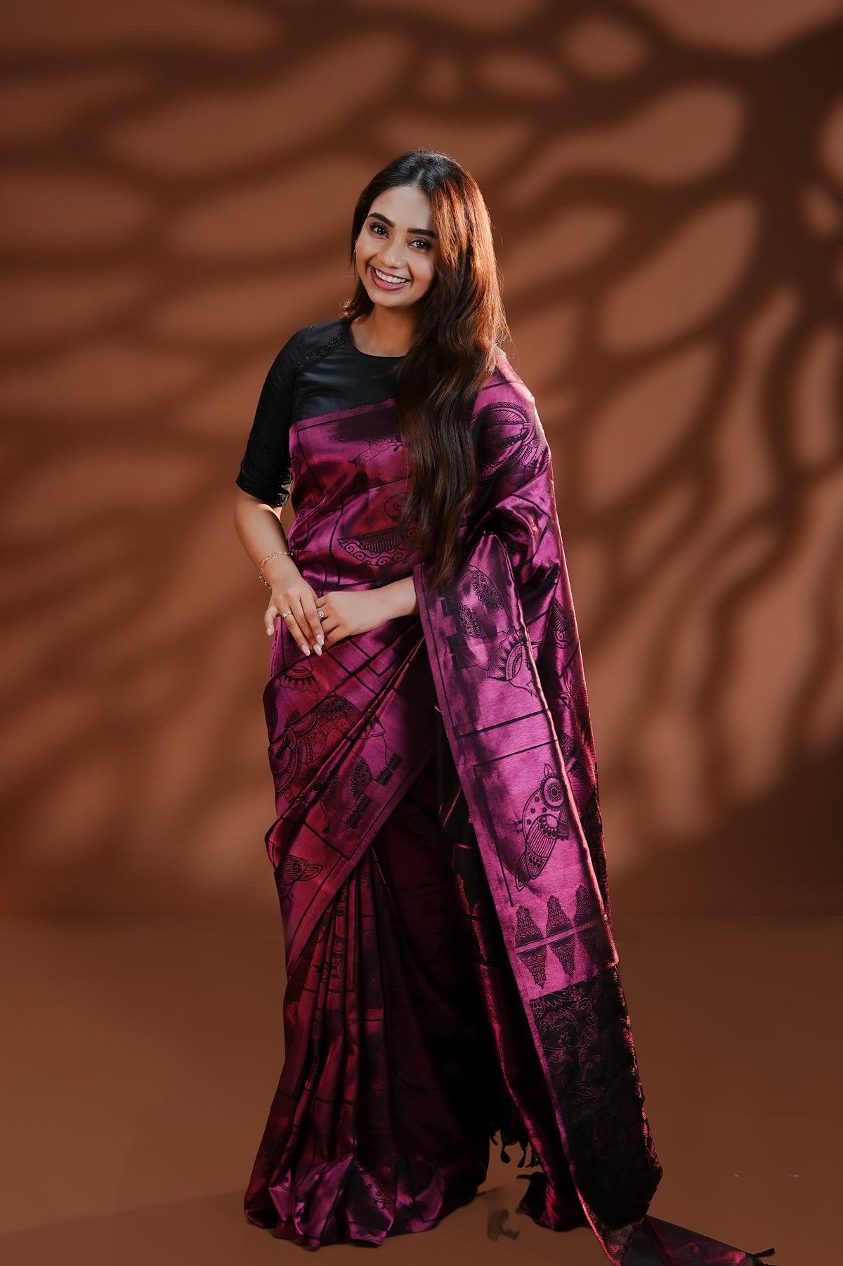 Pink & Black Traditional Kancheepuram Saree featuring metallic zari Elephant, Dove & Peacock motifs in box patterns, with a reversible design offering 2 standing looks and 4 unique pallus, paired with a matching blouse piece.