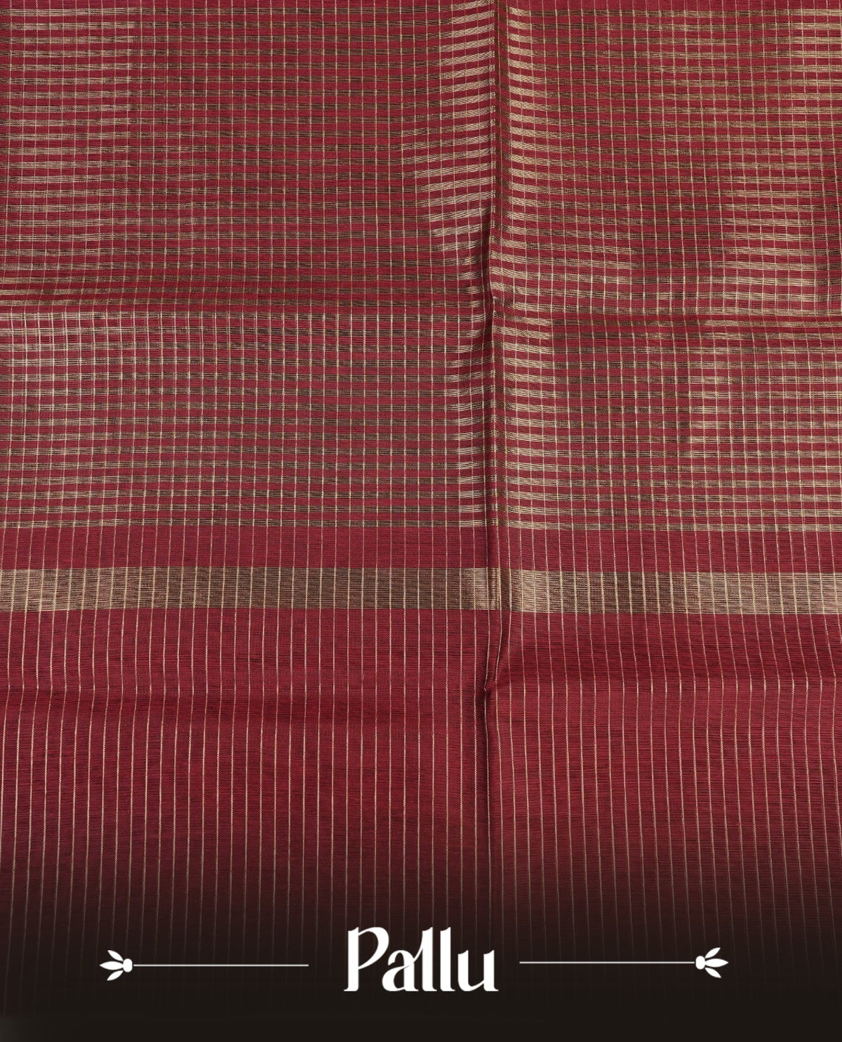 Dark maroon colour Maheshwari cotton saree, gold zari small checks on body, complement self colour gold zari temple design border comes with matching blouse.
