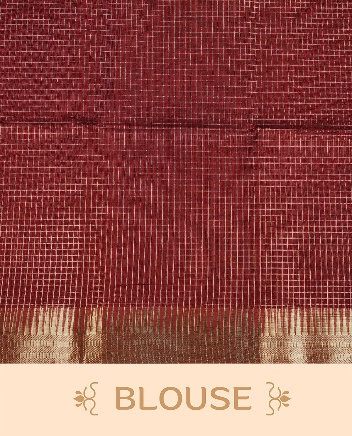 Dark maroon colour Maheshwari cotton saree, gold zari small checks on body, complement self colour gold zari temple design border comes with matching blouse.