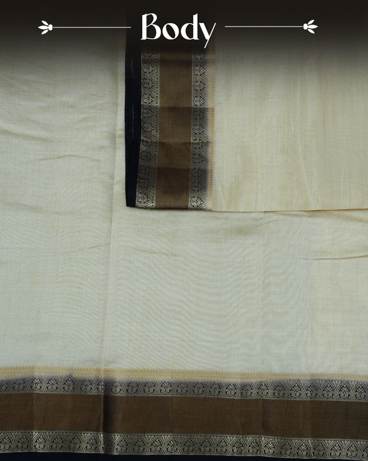 Cream colour Tussar silk saree Featuring Plain body, complemented by Contrast navy blue colour double border with zari detailing, paired with matching blouse piece.