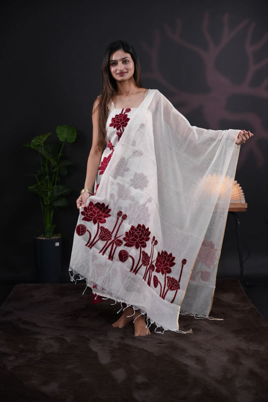 White net kota salwar material featuring Reddish Maroon Velvet applique work on body, paired with matching colour santoon bottom, elegant dupatta.