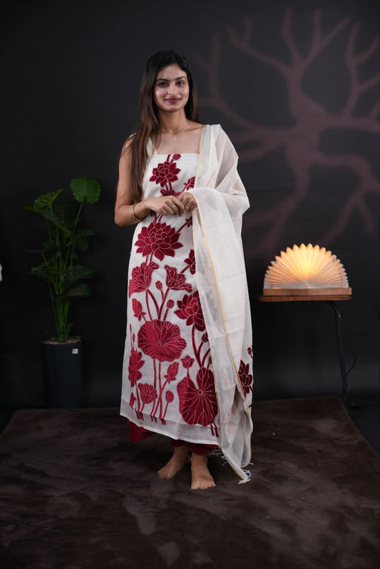 White net kota salwar material featuring Reddish Maroon Velvet applique work on body, paired with matching colour santoon bottom, elegant dupatta.