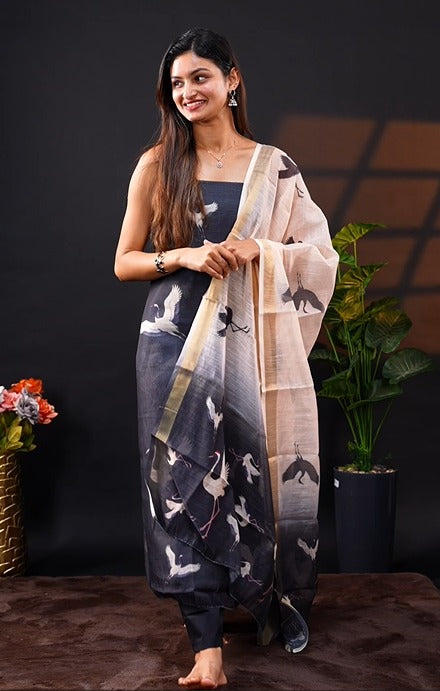 Black Colour Chanderi Salwar Set featuring digital prints, paired with a matching dupatta and bottom.