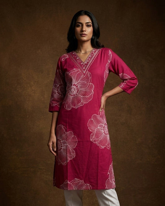 Rani pink colour kurti with White floral prints, knee length design, styled with a thread work on  V neckline  and a sleeve .