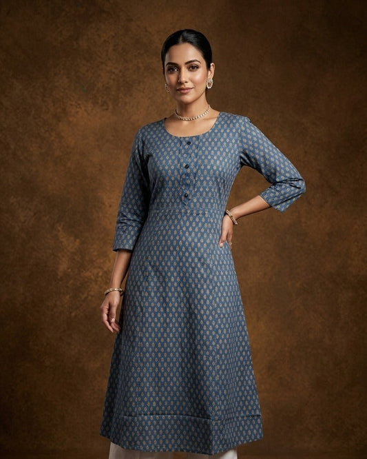 Blue colour kurti covered in tiny off‑white and red floral motifs, styled with a scoop neckline, buttoned front yoke and comfy 3/4th sleeves.
